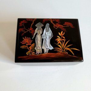 Asian mirrored lacquer box with mother of pearl inlay.